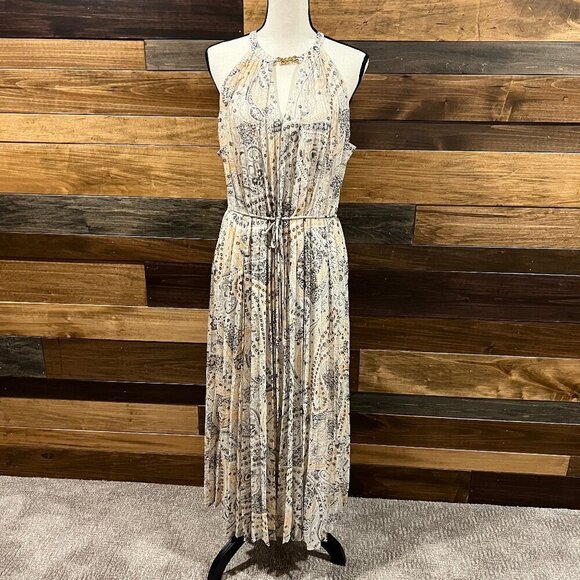 NWT Ann Taylor Shimmer Paisley Chain Pleated Sleeveless Halter Dress, Size Large - Picture 1 of 13